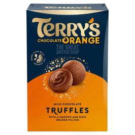 Terry's Chocolate Orange Truffles 200g, front of the box showing two truffles, one cut open.