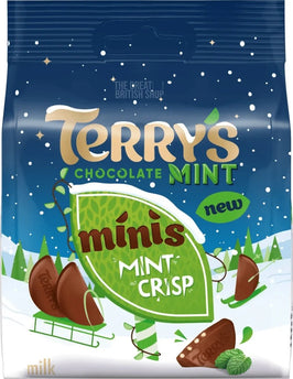 Terry's Milk Chocolate Mint Crisp Minis 80g: front of the bag showing chocolate pieces and a snowy scene.