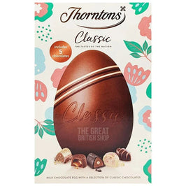 Thorntons Classic Milk Chocolate Egg 150g: front of the box showing the egg and chocolates.