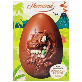 Thornton's Dinosaur Egg 151g: front of box showing chocolate egg with dinosaur face design.