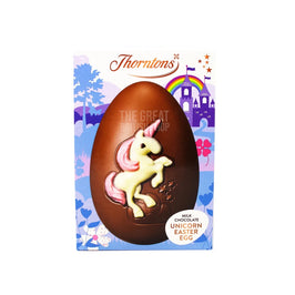 Thornton's Unicorn Egg 151g: front of the box showing the milk chocolate egg with a white chocolate unicorn.