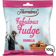Thornton's Vanilla Fudge Bag 100g, front of pack showing fudge pieces in a basket