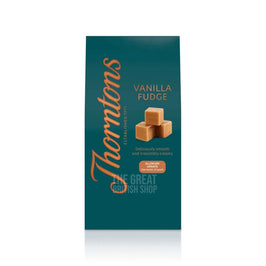 Thorntons Vanilla Fudge 150g: front of the teal carton showing fudge cubes pictured.