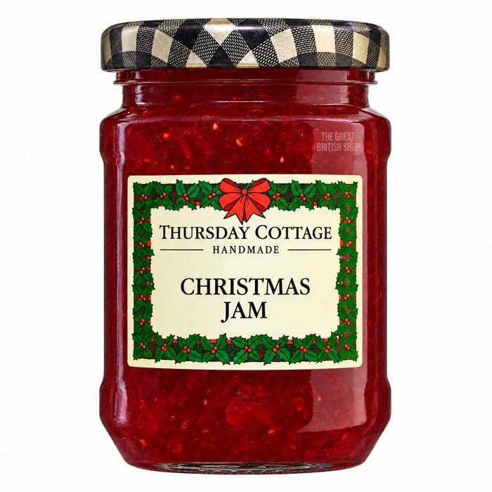Thursday Cottage Christmas Jam 112g, front of the glass jar with a checked lid and festive holly label.