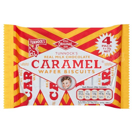 Tunnock's Milk Chocolate Caramel Wafers 4 Pack: front of the red and yellow wrapper showing all 4 bars.