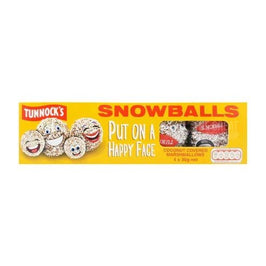 Tunnock's Snowballs 4 x 30g, front of the yellow box showing wrapped snowballs.