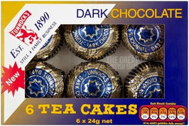 Tunnock's Dark Chocolate Tea Cakes 6 x 24g: front of the box showing six foil-wrapped tea cakes inside.