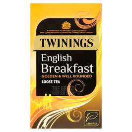 Twinings English Breakfast Loose Tea 125g, front of the gold and black pack.