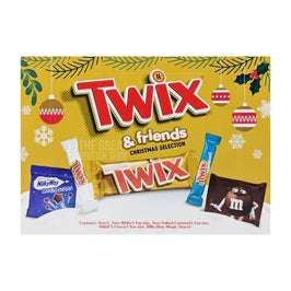 Twix & Friends Medium Selection Box 140g: front of the box showing Twix, M&M's and Milky Way bars.