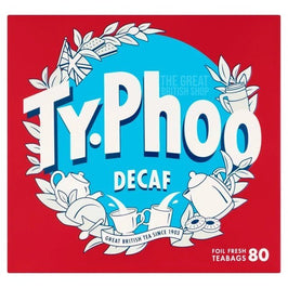 Typhoo Decaf 80 Teabags: front of the red pack with blue circular logo design.