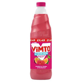 Vimto No Added Sugar Real Fruit Squash 725ml, front of the plastic bottle with pink cap.