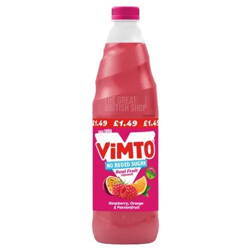 Vimto No Sugar Added Real Fruit Squash Raspberry, Orange & Passionfruit - 725ml imported British grocery product available in Canada