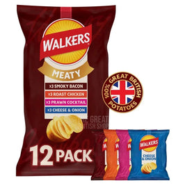 Walkers Meaty Crisps 12 Pack: outer bag with flavour list and four small crisp packets beside it.