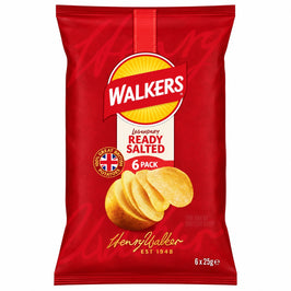 Walkers Crisps Ready Salted 6 Pack, front view of the original product packaging.