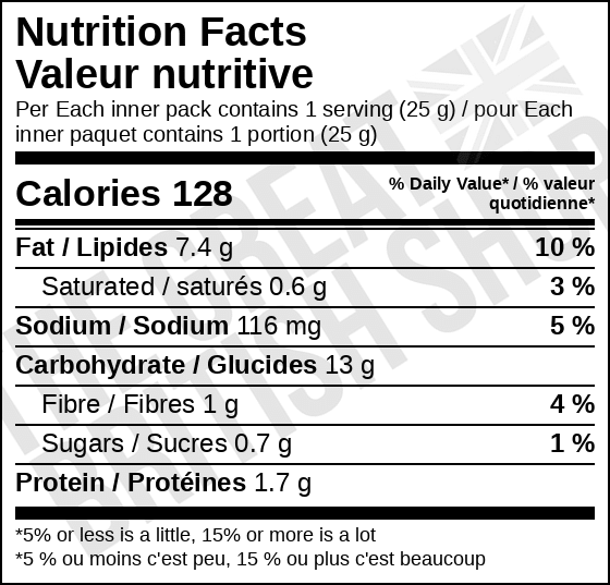 Walkers Crisps Variety Bag - 6 Pack nutrition facts label / valeur nutritive