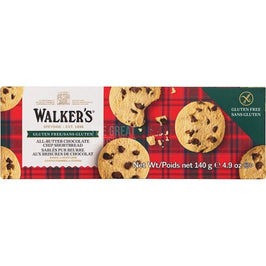 Walker's Gluten Free Chocolate Chip Shortbread 140g: front of the box showing the biscuits on tartan.