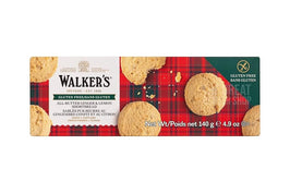 Walker's Gluten Free Ginger & Lemon Shortbread 140g: front of the box with tartan design and biscuits shown.