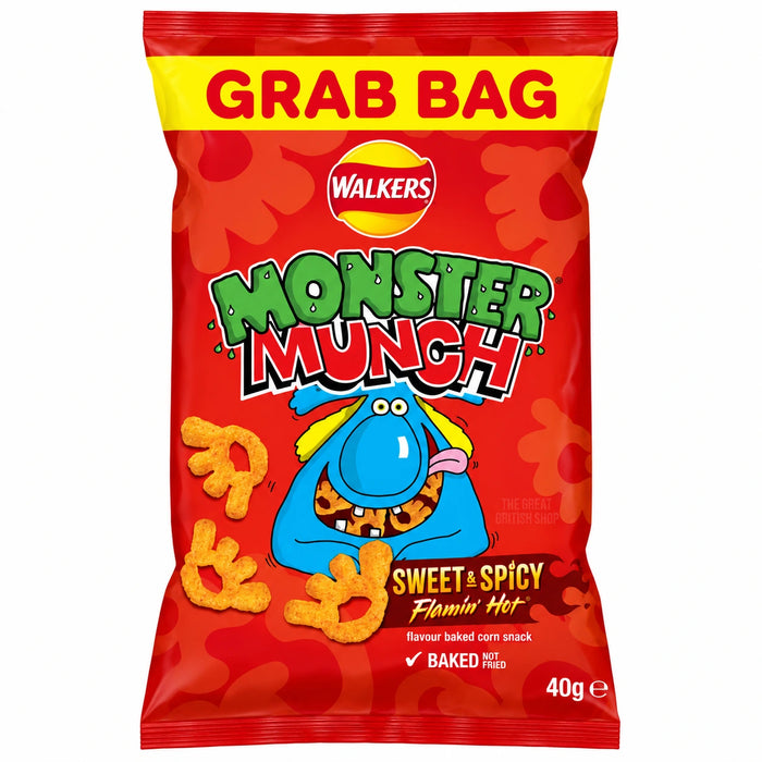 Walkers Monster Munch Flamin Hot 40g, front view of the original product packaging.