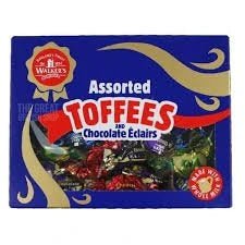 Walker's Nonsuch Assorted Toffees & Chocolate Eclairs 350g: front of the blue gift box showing wrapped sweets