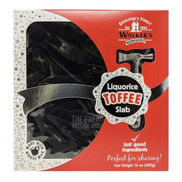Walker's Nonsuch Liquorice Toffee Slab 400g: front of box with toffee hammer and window showing slab