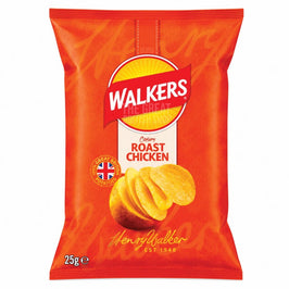 Walkers Roast Chicken 25g: front of the orange crisp packet showing a potato and crisps stack.