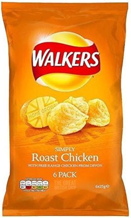 Walkers Roast Chicken 6 Pack, front of the multipack bag showing crisps and potato graphic