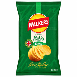 Walkers Salt and Vinegar Crisps 6pk, front view of the original product packaging.