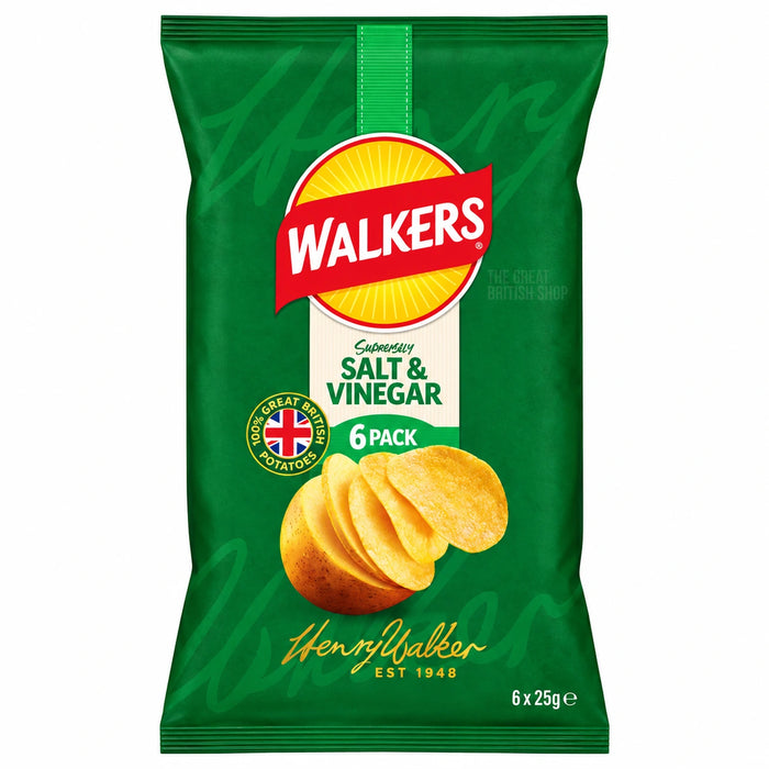 Walkers Salt and Vinegar Crisps 6pk, front view of the original product packaging.
