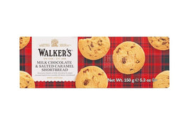 Walker's Salted Caramel & Milk Chocolate Chunk Shortbread 150g: front of the tartan box with biscuits shown.