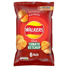 Walkers Saucy Tomato Ketchup 6 Pack 6x25g: front of the red multipack bag.