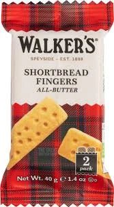 Walker's Shortbread Fingers 40g, front of the pack showing two shortbread fingers beside it.