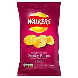 Walkers Smoky Bacon 6 Pack 6x25g: front of the maroon multipack bag with crisps shown.