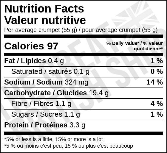 Warburtons Crumpets - 6 Pack nutrition facts label / valeur nutritive