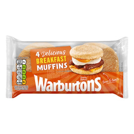 Warburtons Breakfast Muffins 4 Pack: front of the pack showing muffins and nutrition panel.