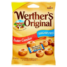 Werther's Original Sugar Free Butter Candies 65g: front of the bag showing candies and a wrapped sweet.