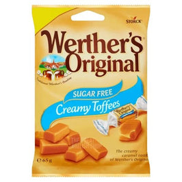 Werther's Original Sugar Free Creamy Toffees 65g: front of the bag showing toffee pieces and a wrapped sweet.