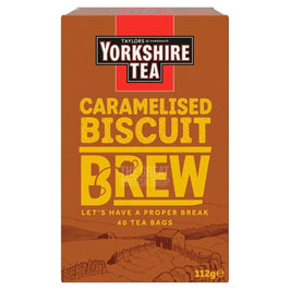 Yorkshire Tea Caramelised Biscuit Brew 40 Tea Bags 112g, front of the brown box.