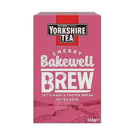 Yorkshire Tea Cherry Bakewell Brew 40 Tea Bags 112g, front of the pink box.