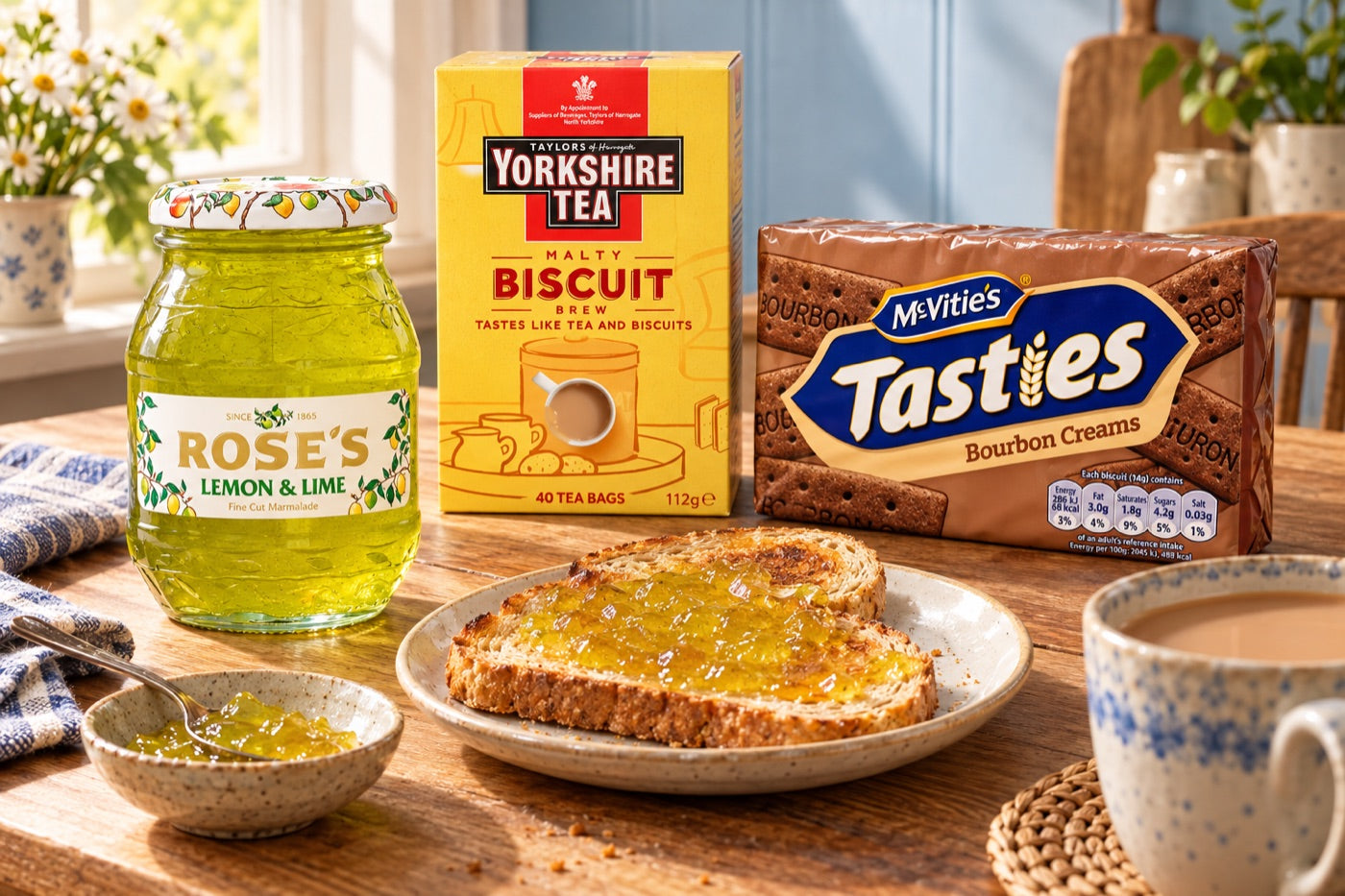 Marmalade, bourbon creams and biscuit-flavoured tea styled for a breakfast table