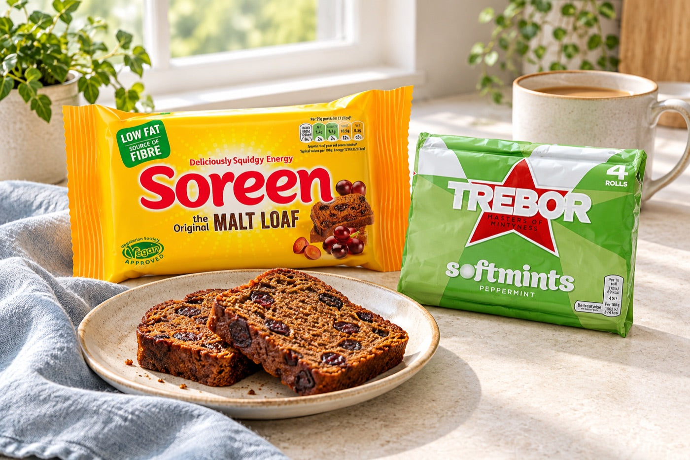 Soreen malt loaf and Trebor soft mints beside a light lunch setting