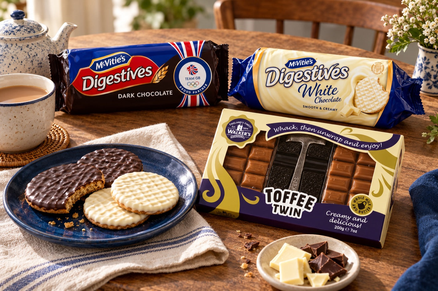 Dark and white chocolate digestives with boxed toffee on a tea table