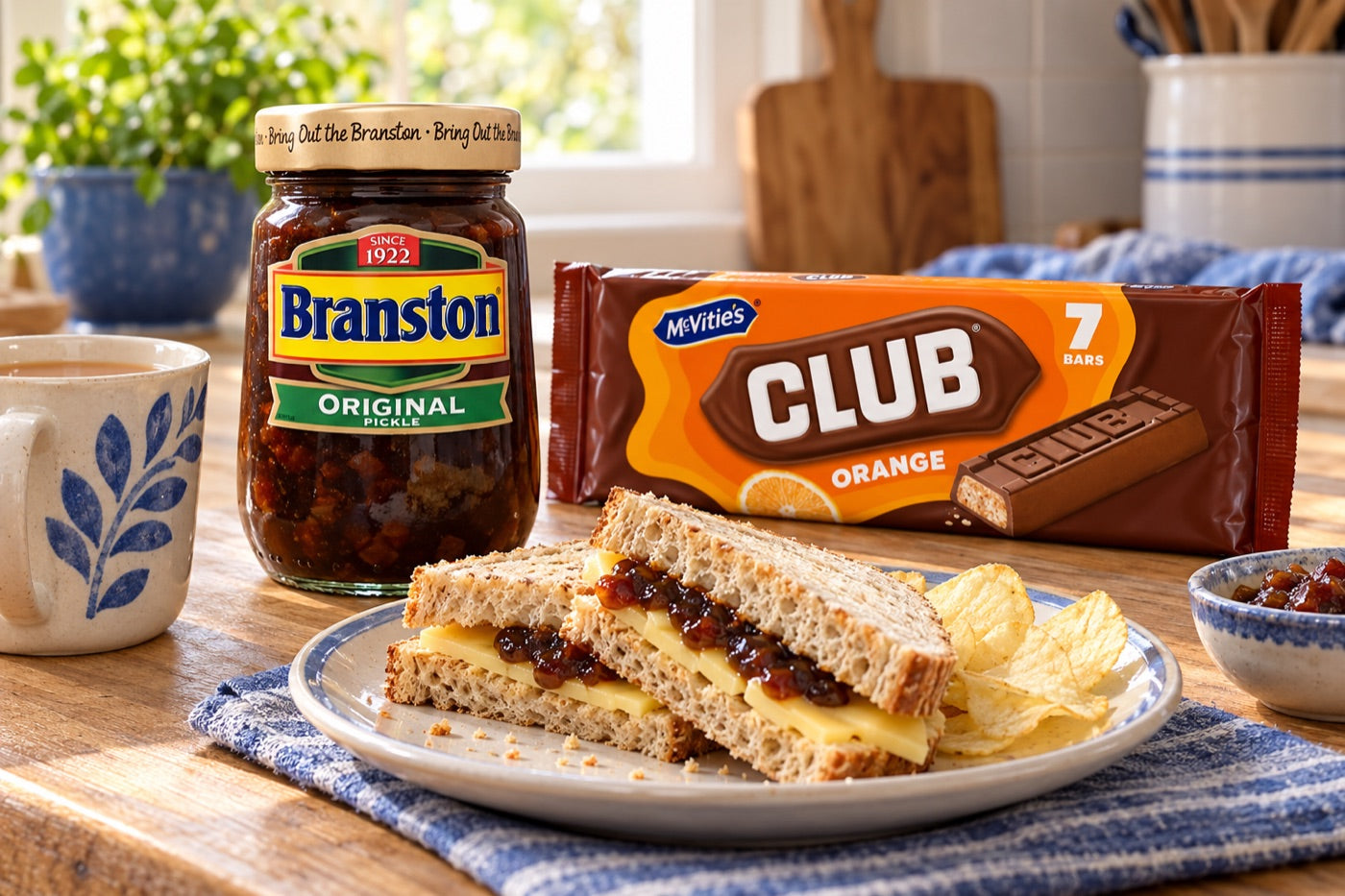 Soup sachets, pickle, savoury biscuits and chocolate biscuits make a practical mixed shelf for the region, with available choices supported by its delivery history arranged as a styled kitchen scene